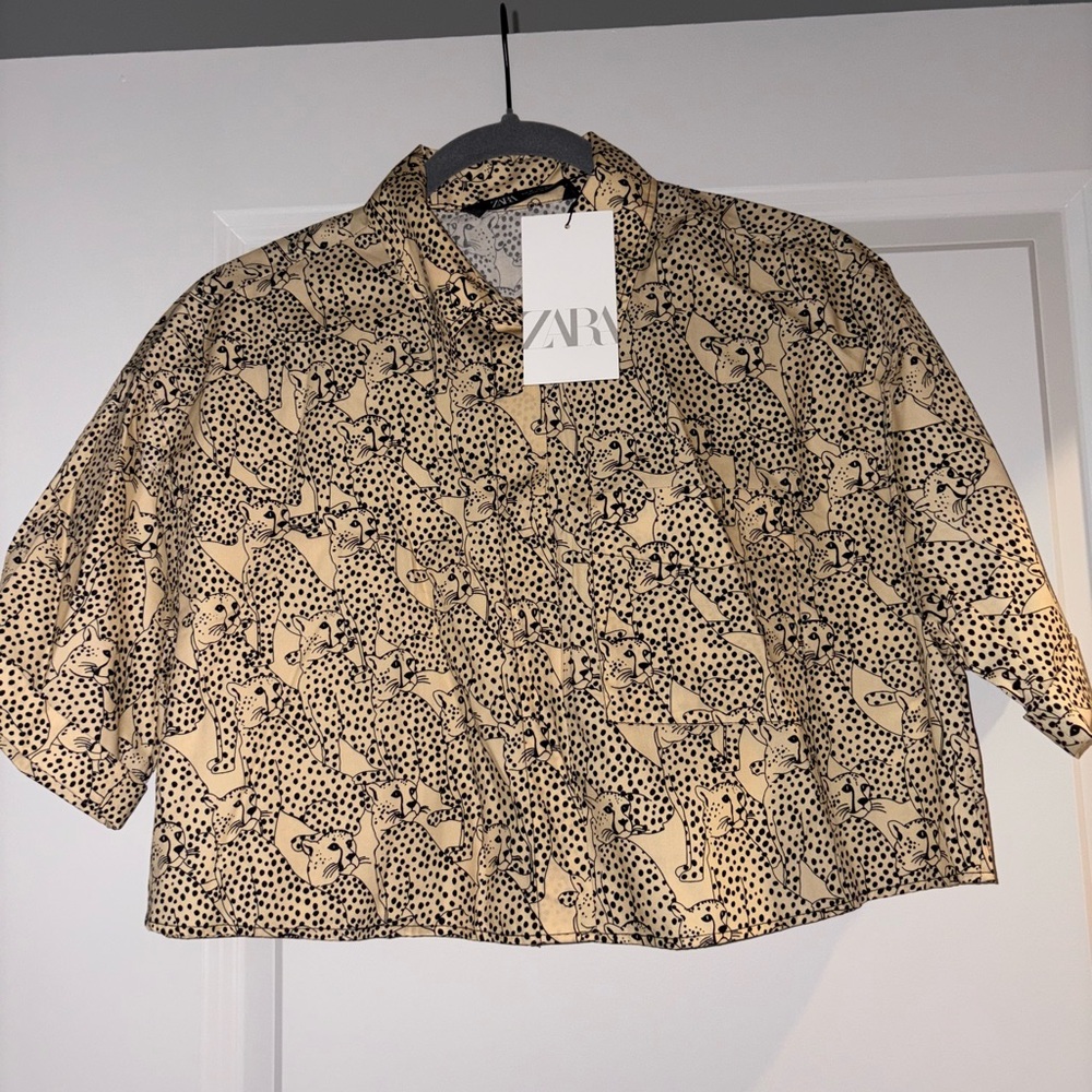 Zara Women's Beige Animal Print Button Down Shirt and shorts set Medium